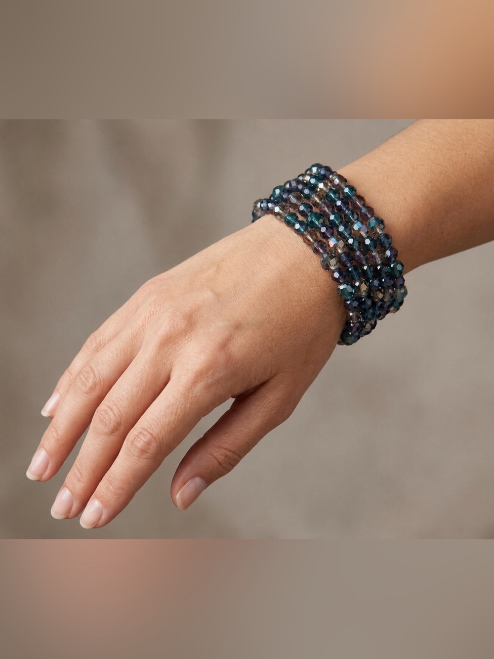 Multi-Row Iridescent Beaded Memory Wire Bracelet - Blue/Purple